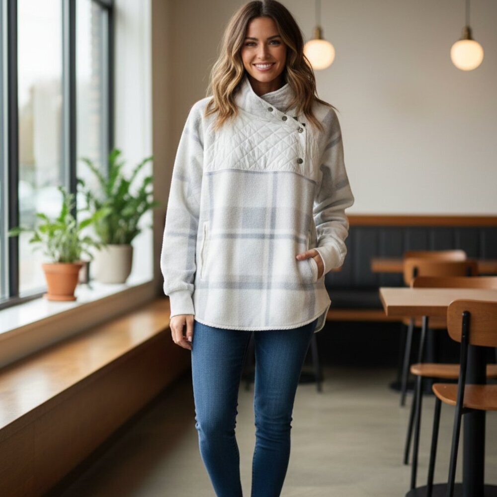 47. Abercrombie & Fitch White and Gray/Blue Plaid Sweatshirt